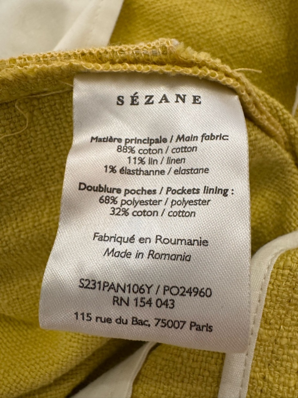 Sézane Corentin Trousers in Mustard Yellow, Cotton and Linen Blend, Size 4 NWOT - Picture 7 of 9